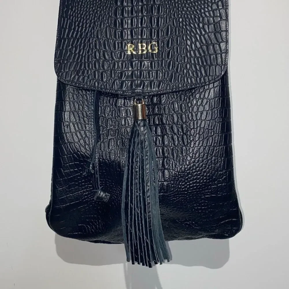 Black Croc Embossed Leather RBG Monogram Tassel Backpack‎ Gold Hardware